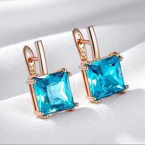 New 585 Rose Gold Blue Zirconia Square Hook Earrings